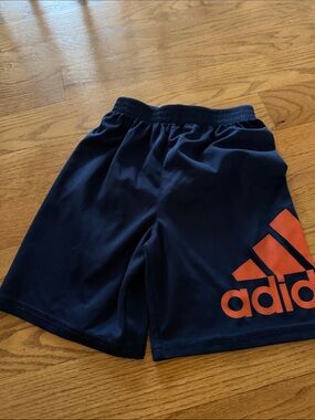 adidas Navy Blue Kids Athletic Shorts with Orange Logo